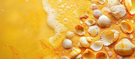 Fototapete - Yellow sand adorned with shells and stones providing copy space image