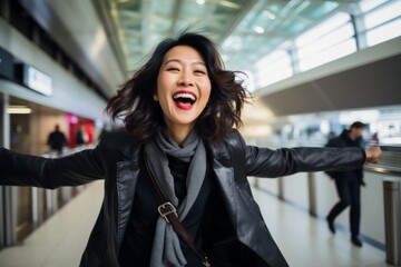 Poster - Portrait of a joyful asian woman in her 40s wearing a professional suit jacket in front of bustling airport terminal