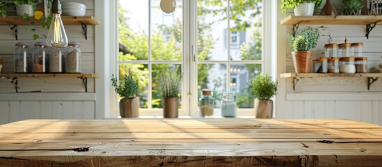 Aufkleber - Kitchen window and shelves in the blurred background of a wooden table with copy space image