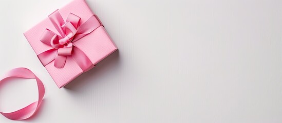 Fototapete - A pink gift box displayed from above on a blank white backdrop with ample copy space image