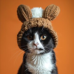 Wall Mural - Black and White Cat Wearing Brown Bunny Ears Hat Posing Against Orange Background