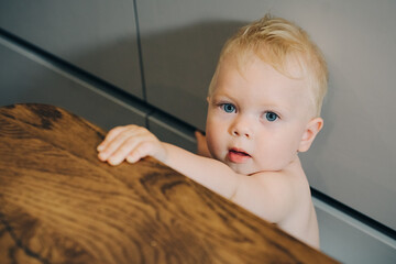 Portrait of adorable baby boy, boy with white hair and blue eyes looking at camera. Caucasian white child, face of cute toddler standing near kitchen table. Portrait of handsome baby.