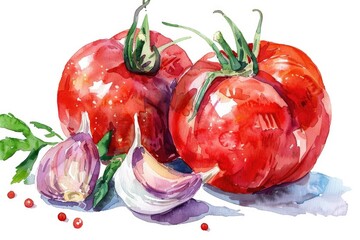 Wall Mural - Organic Tomato and Garlic for Homemade Canning. Watercolor Illustration on White Background