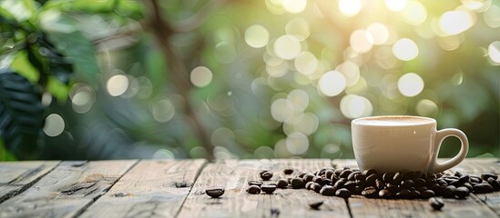 Aufkleber - Wooden table holds a hot coffee cup surrounded by organic coffee beans against a blurred background perfect for a copy space image