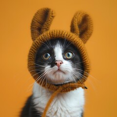 Wall Mural - Black and White Cat Wearing Brown Bunny Ears Hat Posing Against Orange Background