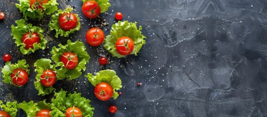 Aufkleber - Overhead view of fresh cherry tomatoes and lettuce symbolizing nutritional benefits with space for text or images. Creative banner. Copyspace image