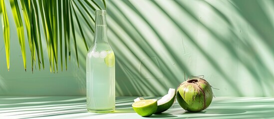 Sticker - Vegetarian drink glass bottle holding fresh coconut water on the table with a clear background for a copy space image