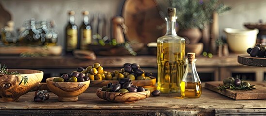 Canvas Print - Wooden bowls filled with just picked olives beside glass bottles of pressed oil on rustic wooden boards make up a food preparation scene with room for text in the backdrop. Creative banner