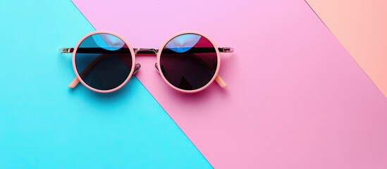 Poster - Fashionable summer theme with trendy sunglasses displayed in a flat lay style on pastel backgrounds is depicted in the copy space image