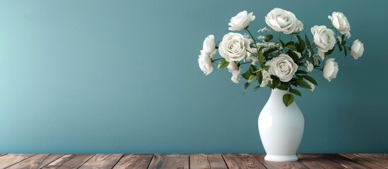Poster - Greet someone with a heartfelt message using this elegant greeting card featuring white roses in a vase on a wooden table against a blue wall with copy space image