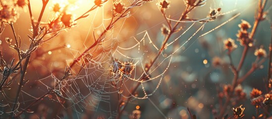 Leinwandbilder - Vintage retro autumn abstract background featuring dry plants at sunrise with a spider web providing ample copy space image