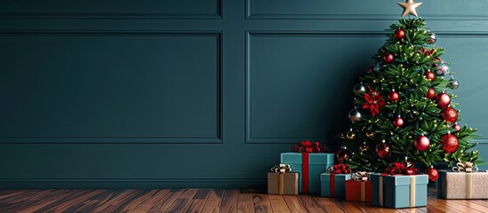 Aufkleber - Festive holiday scene with a Christmas tree presents and ornaments against a backdrop of copy space image