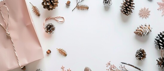 Leinwandbilder - Minimal Christmas theme with pine cones twigs a pastel pink gift bag on a white background Shows Christmas New Year and winter themes with a flat lay and top view including copy space image