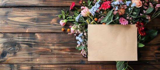 Aufkleber - Top view of a wooden background with a banner and copy space image featuring a flower bouquet alongside a blank note paper