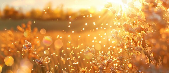 Aufkleber - Glistening Onamomi against a backdrop of autumn fields in the setting sun with space for text or images. Creative banner. Copyspace image
