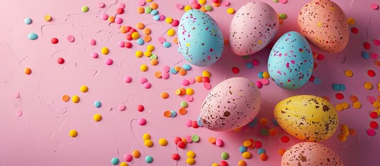 Aufkleber - Easter background featuring vibrant eggs on a pink backdrop with copy space image