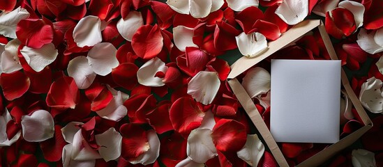 Aufkleber - Top view on a romantic composition of red and white rose petals in a gift box with a Valentine s Day greeting card perfect for romantic concepts with copy space image