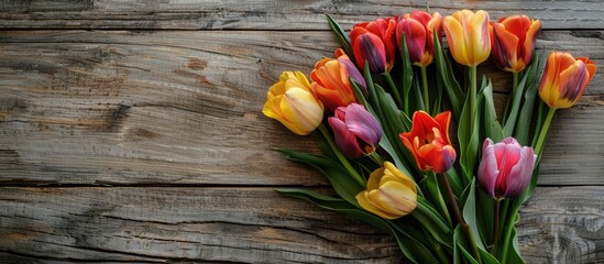 Poster - Tulips bouquet on rustic wooden backdrop for copy space image