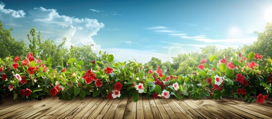 Poster - A scenic image featuring red and white mandevilla flowers on a deck set against a lush green forest under a beautiful blue sky with a few white clouds Copy space included