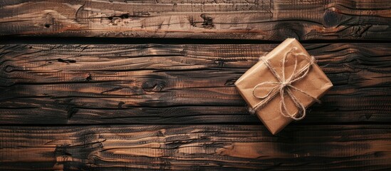 Poster - A present box displayed on a rustic wooden surface with a blank space for an image. Creative banner. Copyspace image