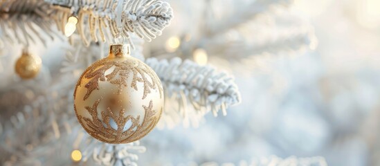 Poster - Golden bauble hanging decoratively on a white Christmas tree branch in a festive setting ideal for Christmas and New Year celebrations with copy space image