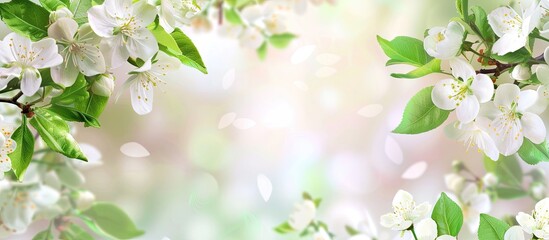 Poster - Abstract floral border with green leaves and white flowers on a spring blossom background with copy space image