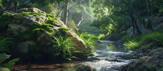 Poster - A picturesque rock surrounded by lush greenery near a flowing stream in the forest with a blank space for inserting an image. Creative banner. Copyspace image