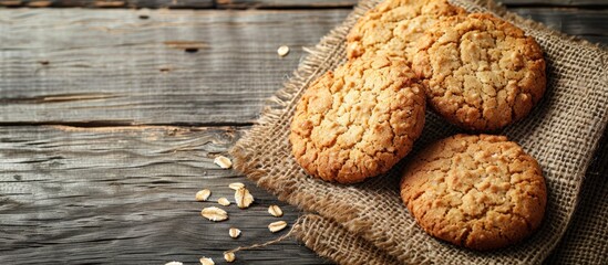 Wall Mural - Oat cookies displayed on a rustic wooden table with ample copy space image