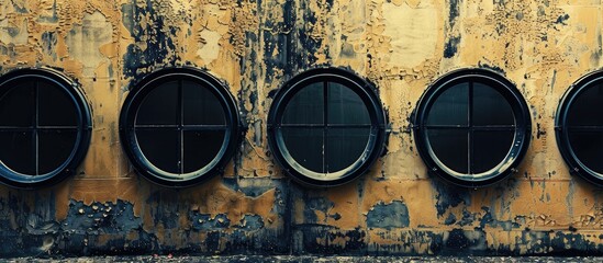 Poster - Old wall displaying circular signs with black frames and copy space image providing background and a textured surface