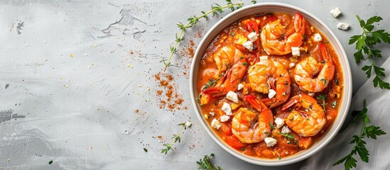 Aufkleber - Top view of Greek prawns shrimp saganaki with feta tomato paprika and thyme on a gray background with copy space image