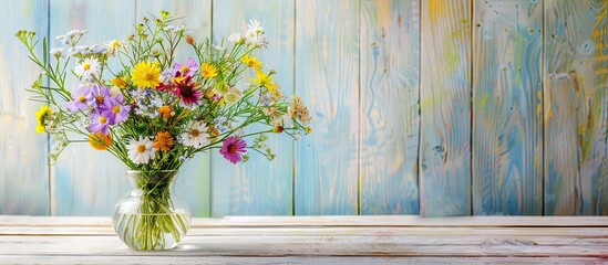 Poster - Wildflowers in a vase on a white wooden table with a copy space image