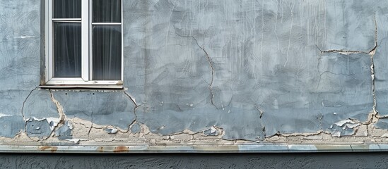 Poster - The house s gray wall shows cracks from substandard construction creating a distressed appearance in the copy space image