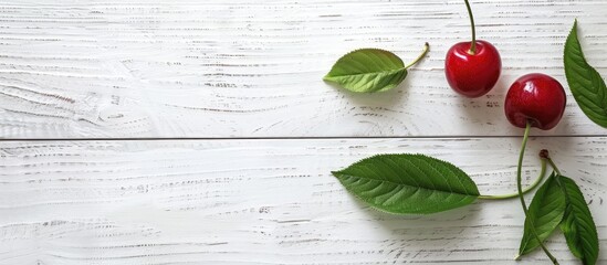 Aufkleber - Top view of a fresh ripe cherry with green leaves on a white wooden background creating ample copy space image