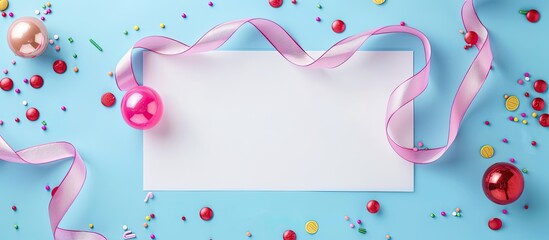 Poster - Copy space image featuring a white paper sheet adorned with a ribbon and colorful beads against a blue backdrop