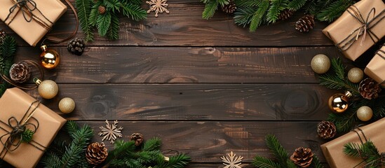 Poster - Festive holiday arrangement with gifts evergreen branches and ornaments on a rustic wooden backdrop Represents Christmas winter and New Year festivities Overhead view with ample space for text or ima
