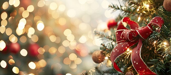 Fototapete - A festive red ribbon decorates the Christmas tree creating a charming focal point against a backdrop of twinkling lights and ornaments perfect for a copy space image