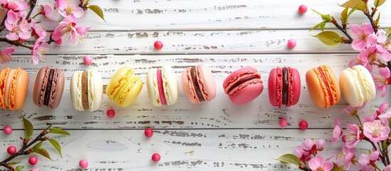 Poster - Various macaroons set against a light wooden backdrop with cherry branches providing a charming and colorful copy space image