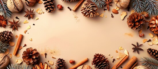 Fototapete - Festive greeting Background for New Year with cones nuts and cinnamon perfect for copy space image