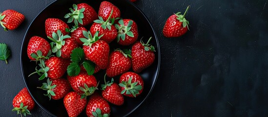Poster - Fresh ripe red strawberries displayed on a black round plate against a black background featuring organic strawberries with green cuttings in a copy space image