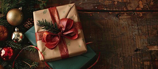 Aufkleber - A holiday gift wrapped in festive paper and ribbon placed on a table for display with a top view to show a copy space image