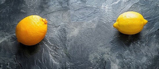 Poster - Yellow ripe lemon on a dark stone background with copy space image