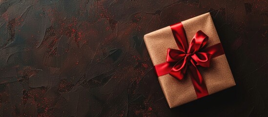Aufkleber - A holiday gift wrapped in festive paper and ribbon placed on a table for display with a top view to show a copy space image
