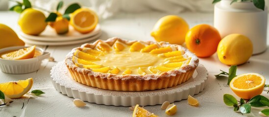 Poster - Traditional French lemon tart dessert with lemon curd on a table with citrus fruits creating a delicious and appetizing homemade sweet treat perfect for a copy space image