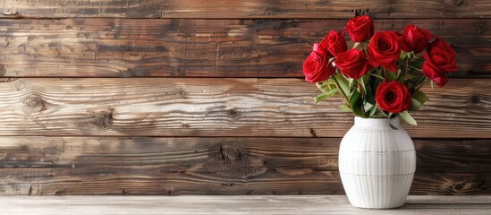Poster - A red rose bouquet in a white vase on a wooden table with a copy space image
