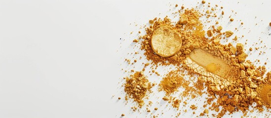 Poster - Golden highlighting powders displayed on a white backdrop with empty space for adding images. Creative banner. Copyspace image