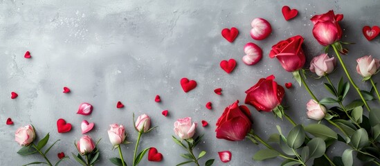 Leinwandbilder - A Valentine s Day card featuring affectionate messages and spring blooms on a soft gray backdrop suitable for Valentine s Day Women s Day and Mother s Day with a top down view and ample copy space im