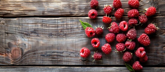 Sticker - Top view of ripe raspberries on a wooden background ideal for banners with copy space image Flat lay showcasing the focus on the berries