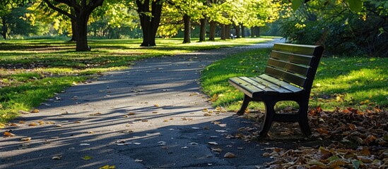 Poster - Park bench on a pathway with a copy space image