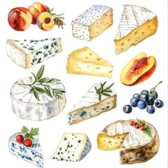 Wall Mural - Rustic Watercolor Illustration of Sweet Homemade Cheese Desserts with Fresh Fruits