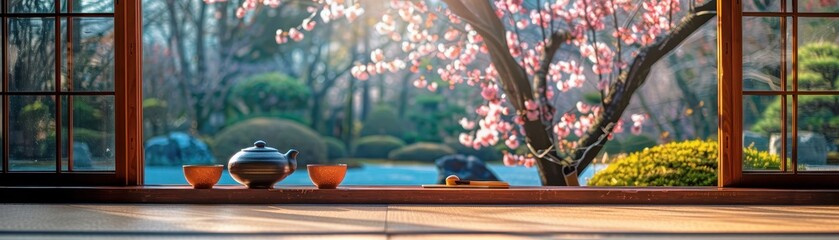 Wall Mural - A view of a garden with a teapot and two cups on a table. The scene is peaceful and serene, with the pink blossoms of a cherry tree in the background